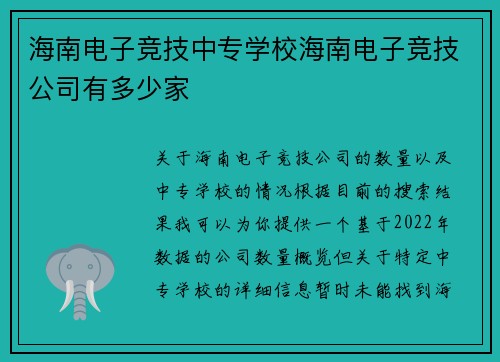 海南电子竞技中专学校海南电子竞技公司有多少家